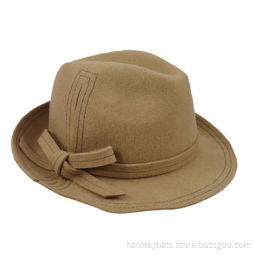 100% Wool Men's Felt Fedora Hat with Self Hat Band and Bow with Topstitching